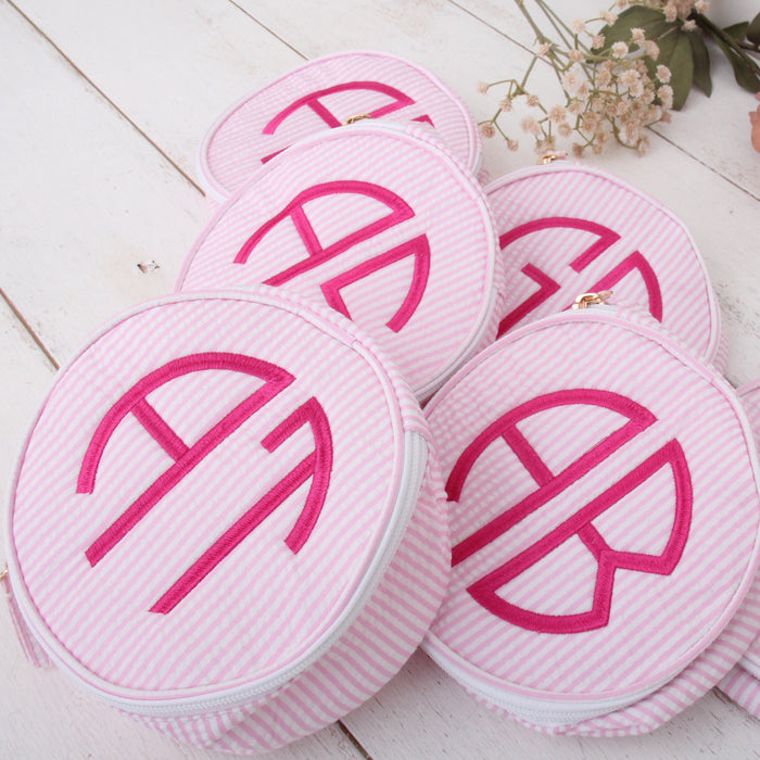 Personalized Round Seersucker Cosmetic Pouch 6" With Embroidered Monogram