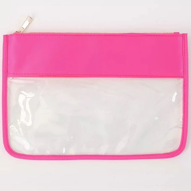 Hot pink clear zipper pouch bag with nylon top panel and gold zipper