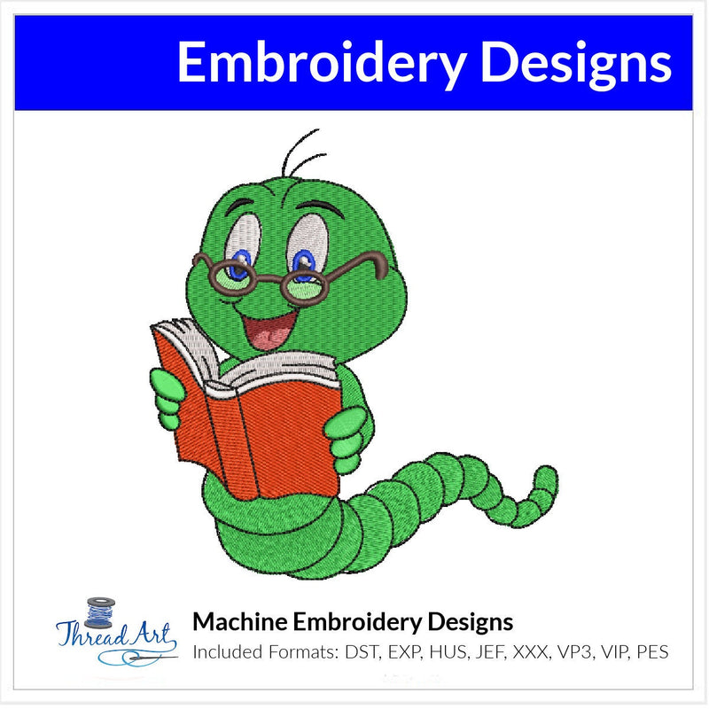 Caterpillar Reading Book Embroidery Design Instant Download Cute Back to School - 3 Sizes - 8 Formats - ThreadArt - Threadart.com