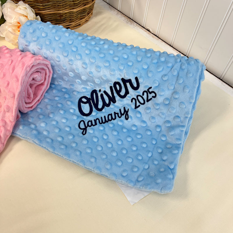 Personalized Soft Baby Blanket - Minky Ivory, Blue and Pink With Embroidery Name - Threadart.com