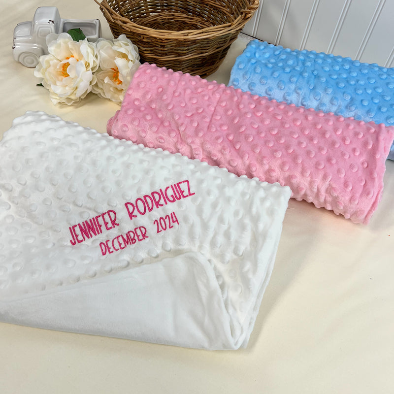 Personalized Soft Baby Blanket - Minky Ivory, Blue and Pink With Embroidery Name - Threadart.com