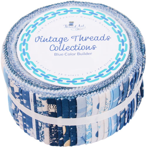 Jelly Roll - 40 Precut Fabric Strips in Blue Prints, Premium Cotton - Threadart.com