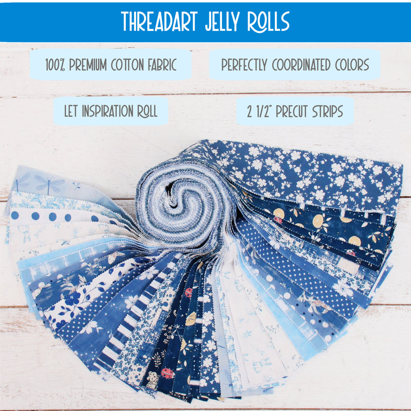 Jelly Roll Fabric Strips, 40 Precut Fabric Strips in Blue Prints, Premium Cotton - Threadart.com