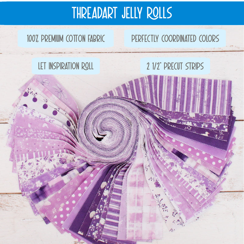 Jelly Roll Fabric Strips, 40 Precut Fabric Strips in Lavender Prints, Premium Cotton - Threadart.com