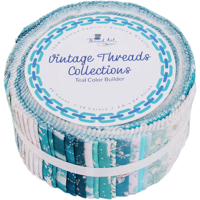 Jelly Roll Fabric Strips, 40 Precut Fabric Strips in Teal Prints, Premium Cotton - Threadart.com