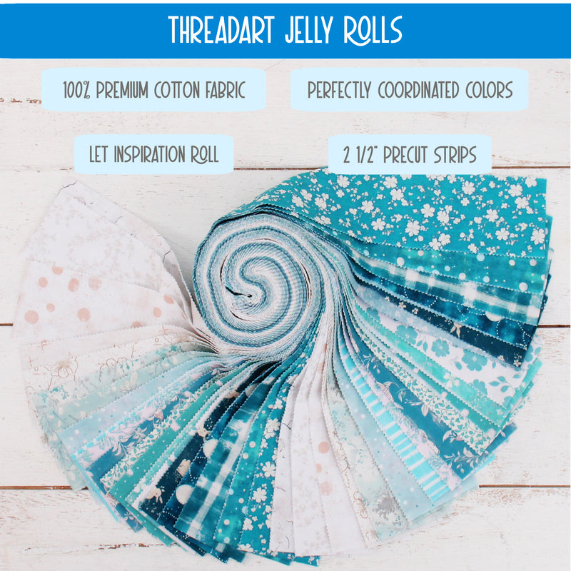 Jelly Roll Fabric Strips, 40 Precut Fabric Strips in Teal Prints, Premium Cotton - Threadart.com