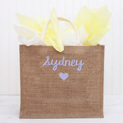 Personalized Jute Tote Bag - Embroidered with Heart & Name - Threadart.com