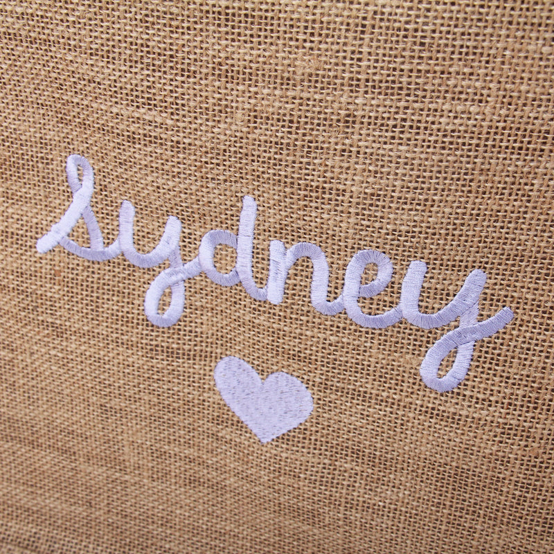 Personalized Jute Tote Bag - Embroidered with Heart & Name - Threadart.com