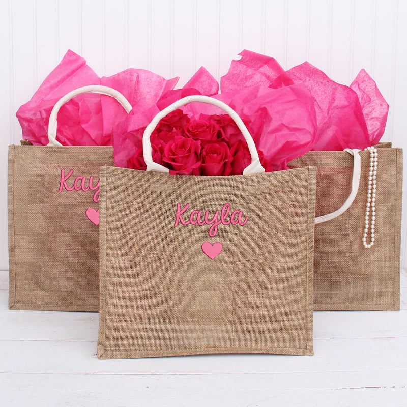 Personalized Jute Tote Bag - Embroidered with Heart & Name - Threadart.com