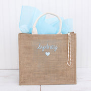Personalized Jute Tote Bag - Embroidered with Heart & Name - Threadart.com