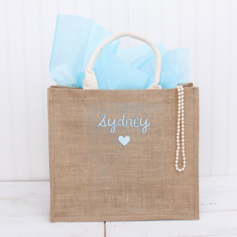 Personalized Jute Tote Bag - Embroidered with Heart & Name - Threadart.com