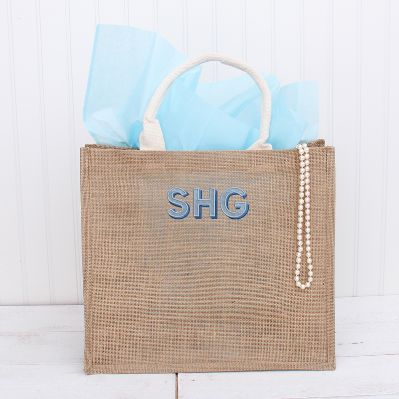 Monogrammed Jute Tote Bag - Embroidered Two Color Shadow Block - Threadart.com