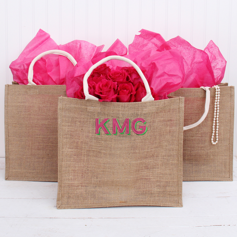 Monogrammed Jute Tote Bag - Embroidered Two Color Shadow Block - Threadart.com