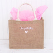 Personalized Jute Tote Bag - Embroidered with Heart & Name - Threadart.com