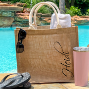 Personalized Jute Tote Bag - Embroidered Name on Side - Threadart.com