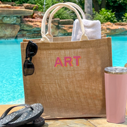 Monogrammed Jute Tote Bag - Embroidered Two Color Shadow Block - Threadart.com