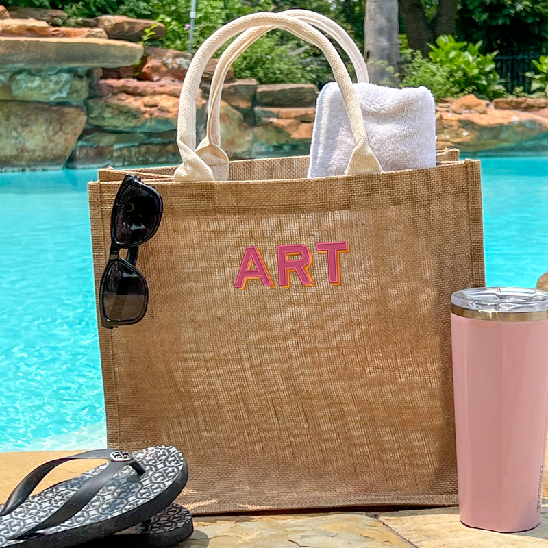 Monogrammed Jute Tote Bag - Embroidered Two Color Shadow Block - Threadart.com