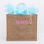 Monogrammed Jute Tote Bag - Embroidered Two Color Shadow Block - Threadart.com