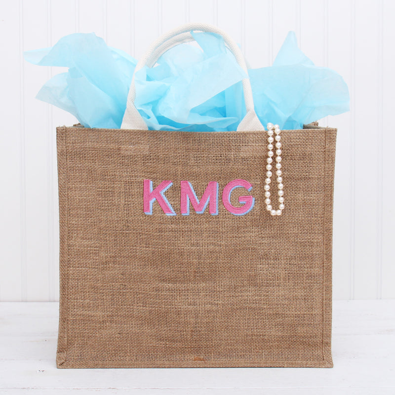 Monogrammed Jute Tote Bag - Embroidered Two Color Shadow Block - Threadart.com
