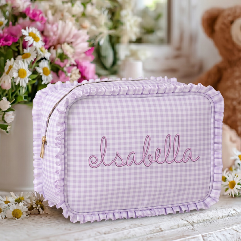 Personalized Ruffle Gingham Pouch with Embroidered Name or Monogram - Threadart.com