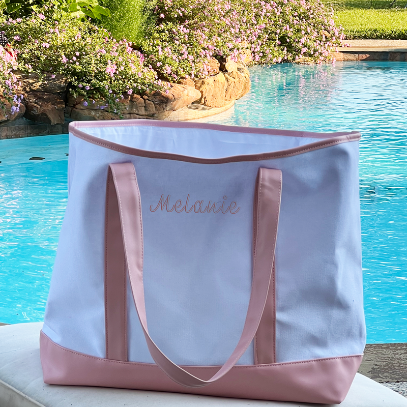 Extra Large Canvas & Leather Tote Bag - White With Natural Handles - Threadart.com