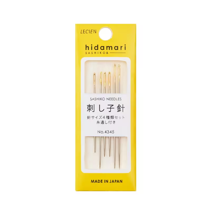 Lecien Hidamari sashiko needles pack with 6 large-eye needles in 4 assorted sizes and a needle threader