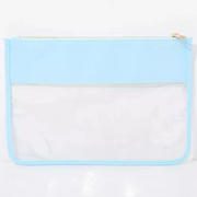 Light blue clear zipper pouch bag with nylon top panel and gold zipper