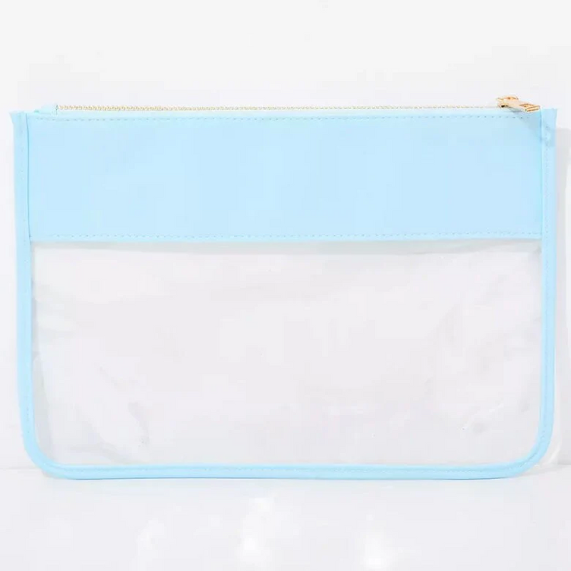 Light blue clear zipper pouch bag with nylon top panel and gold zipper