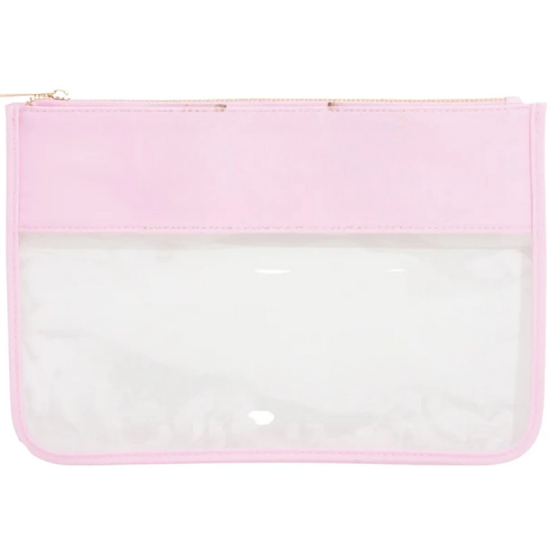 Light pink clear zipper pouch bag with nylon top panel and gold zipper