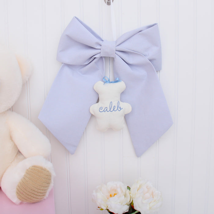Personalized Newborn Baby Bow - Linen Fabric Ribbon with Embroidery Pendant - 10 Color Options