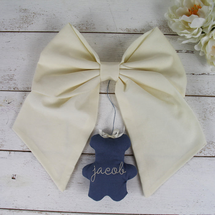 Personalized Newborn Baby Bow - Linen Fabric Ribbon with Embroidery Pendant - 10 Color Options - Threadart.com