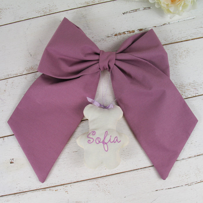 Personalized Newborn Baby Bow - Linen Fabric Ribbon with Embroidery Pendant - 10 Color Options - Threadart.com