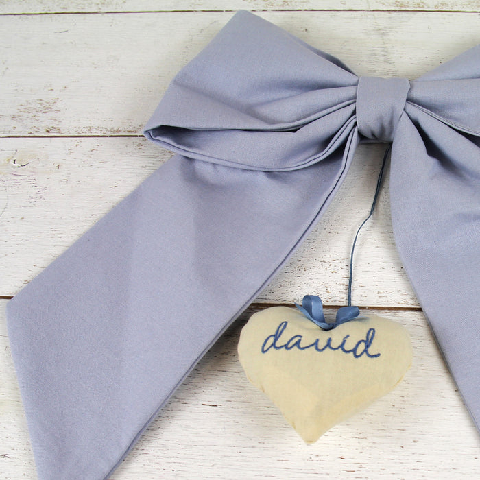 Personalized Newborn Baby Bow - Linen Fabric Ribbon with Embroidery Pendant - 10 Color Options - Threadart.com