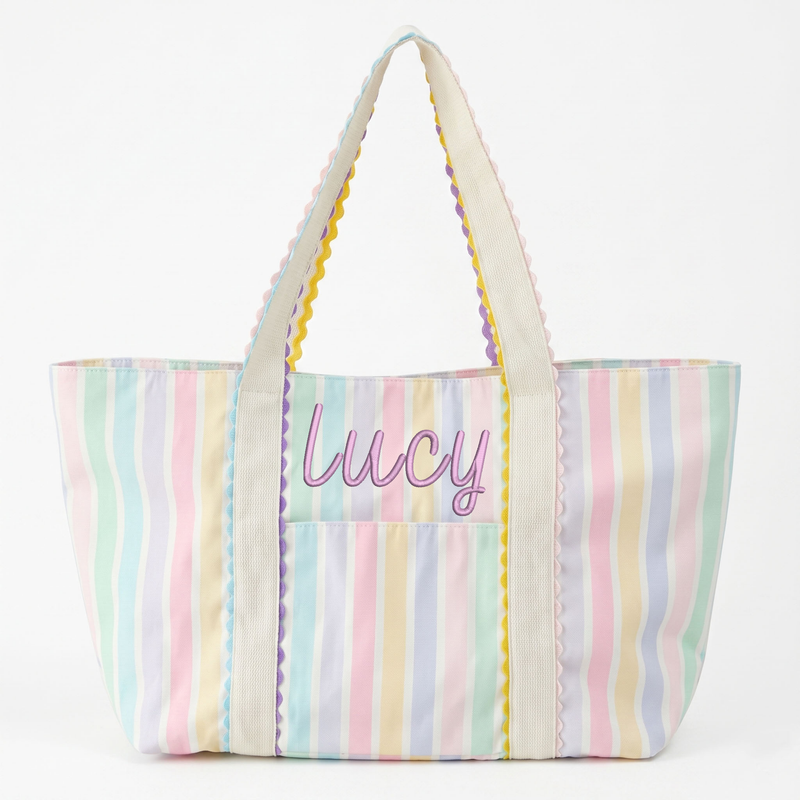 Pastel Stripe Monogrammed Ric Rac Tote Bag - Custom Embroidery - Threadart.com