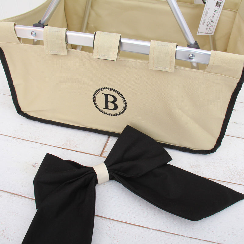 Personalized Beige Market Tote Basket With Black Monogram and Bow - Threadart.com