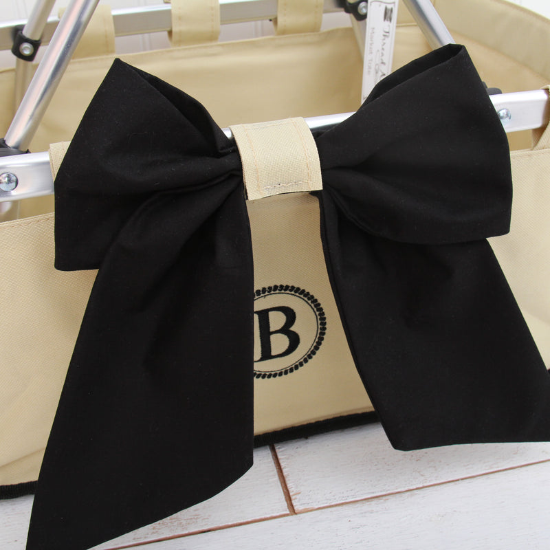 Personalized Beige Market Tote Basket With Black Monogram and Bow - Threadart.com