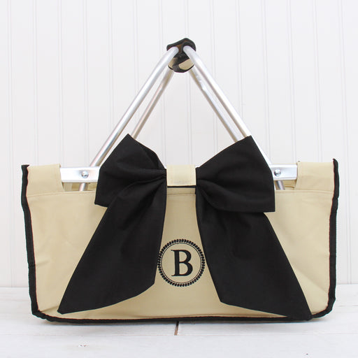 Personalized Beige Market Tote Basket With Black Monogram and Bow - Threadart.com