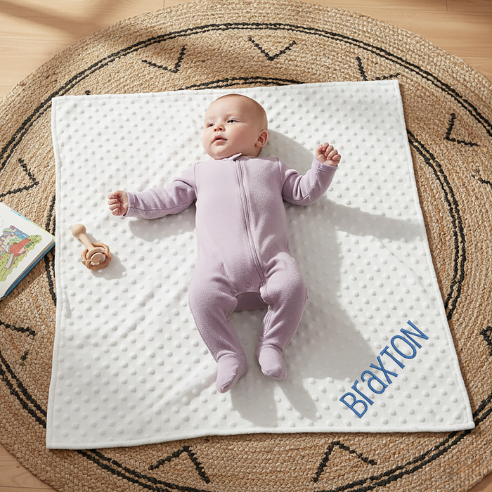 Personalized Soft Baby Blanket - Minky Ivory, Blue and Pink With Embroidery Name - Threadart.com