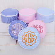 Personalized Round Seersucker Cosmetic Pouch 6" With Embroidered Monogram - Threadart.com