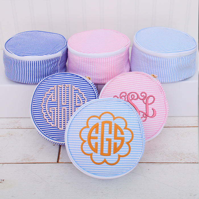 Personalized Round Seersucker Cosmetic Pouch 6" With Embroidered Monogram - Threadart.com