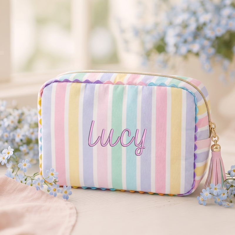 Personalized Pastel Striped Pouch Bag - Customized With Embroidery