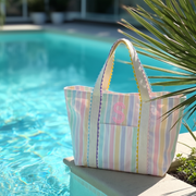 Pastel Stripe Monogrammed Ric Rac Tote Bag - Custom Embroidery - Threadart.com