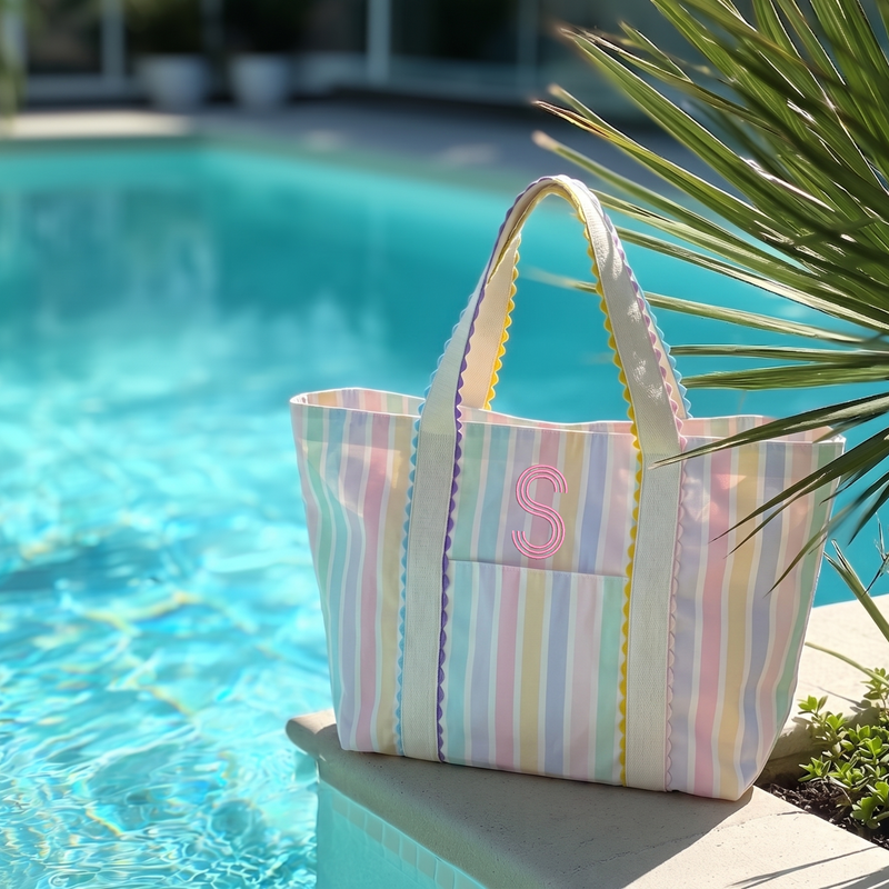 Pastel Stripe Monogrammed Ric Rac Tote Bag - Custom Embroidery - Threadart.com