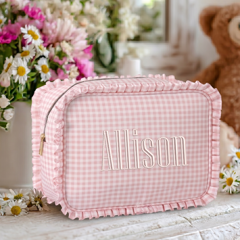Personalized Ruffle Gingham Pouch with Embroidered Name or Monogram - Threadart.com