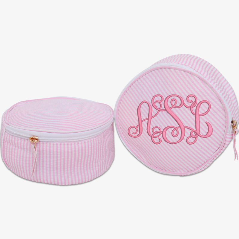 Personalized Round Seersucker Cosmetic Pouch 6" With Embroidered Monogram - Threadart.com