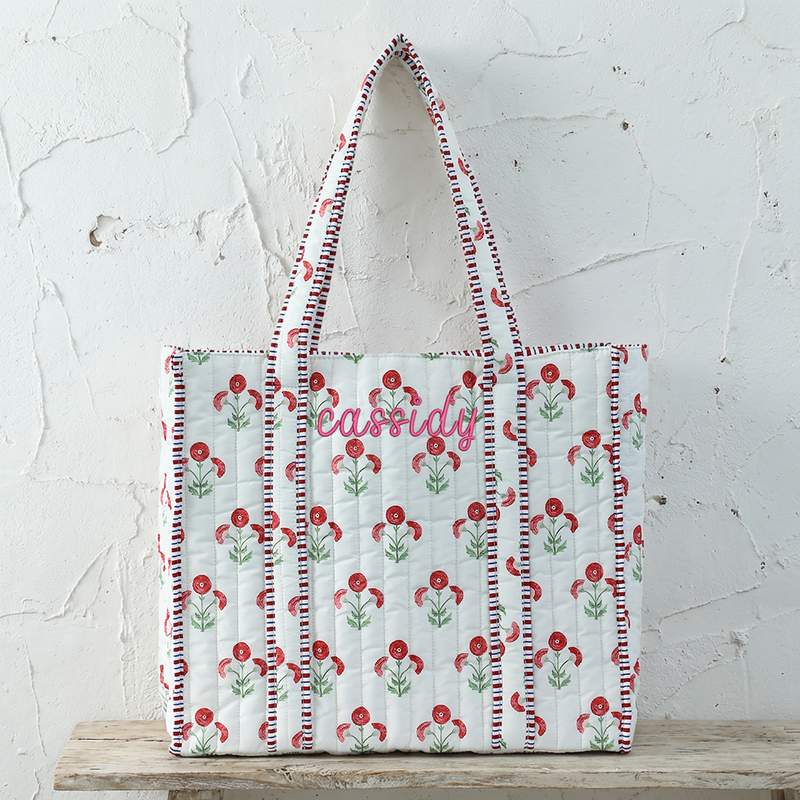 Personalized Quilted Red Block Print Tote Bag - Embroidered Letters - Threadart.com
