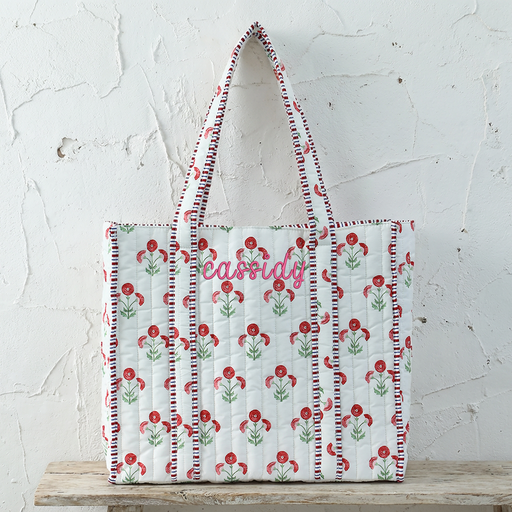 Personalized Quilted Red Block Print Tote Bag - Embroidered Letters - Threadart.com
