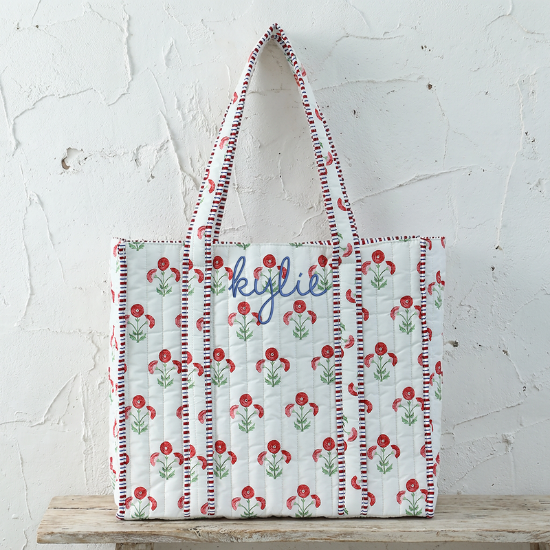 Personalized Quilted Red Block Print Tote Bag - Embroidered Letters - Threadart.com