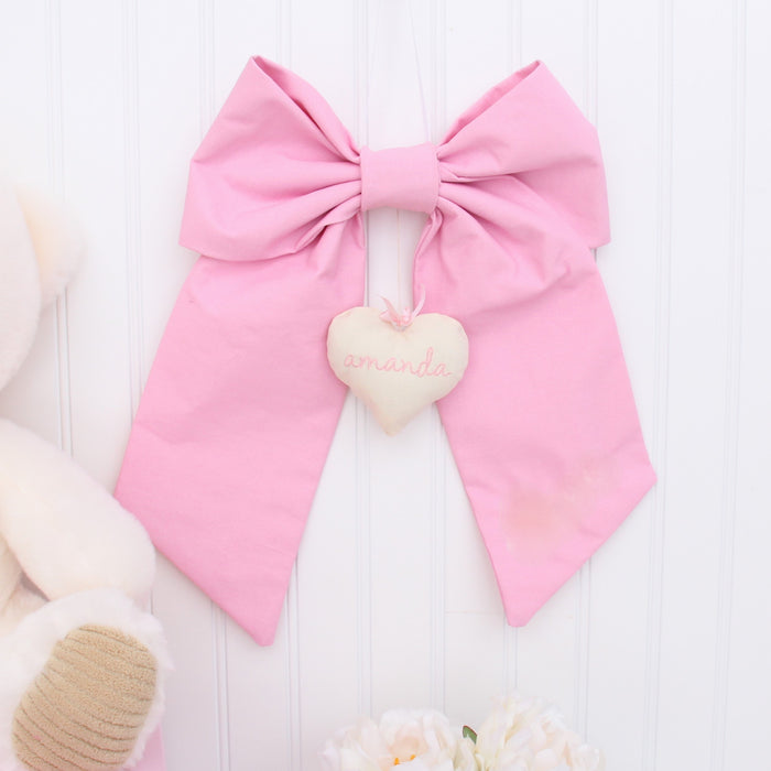 Personalized Newborn Baby Bow - Linen Fabric Ribbon with Embroidery Pendant - 10 Color Options