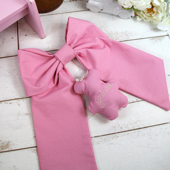 Personalized Newborn Baby Bow - Linen Fabric Ribbon with Embroidery Pendant - 10 Color Options - Threadart.com